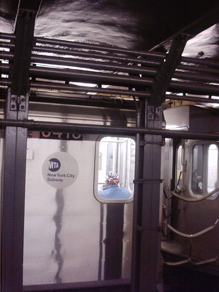 subway passenger wearing patriotic headscarf, glimpsed through train window