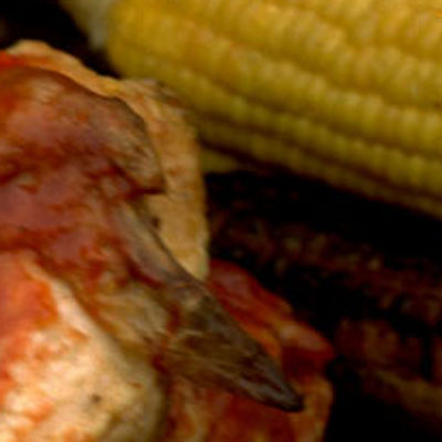 photograph of barbecued chicken with catsup at New York City street fair width=